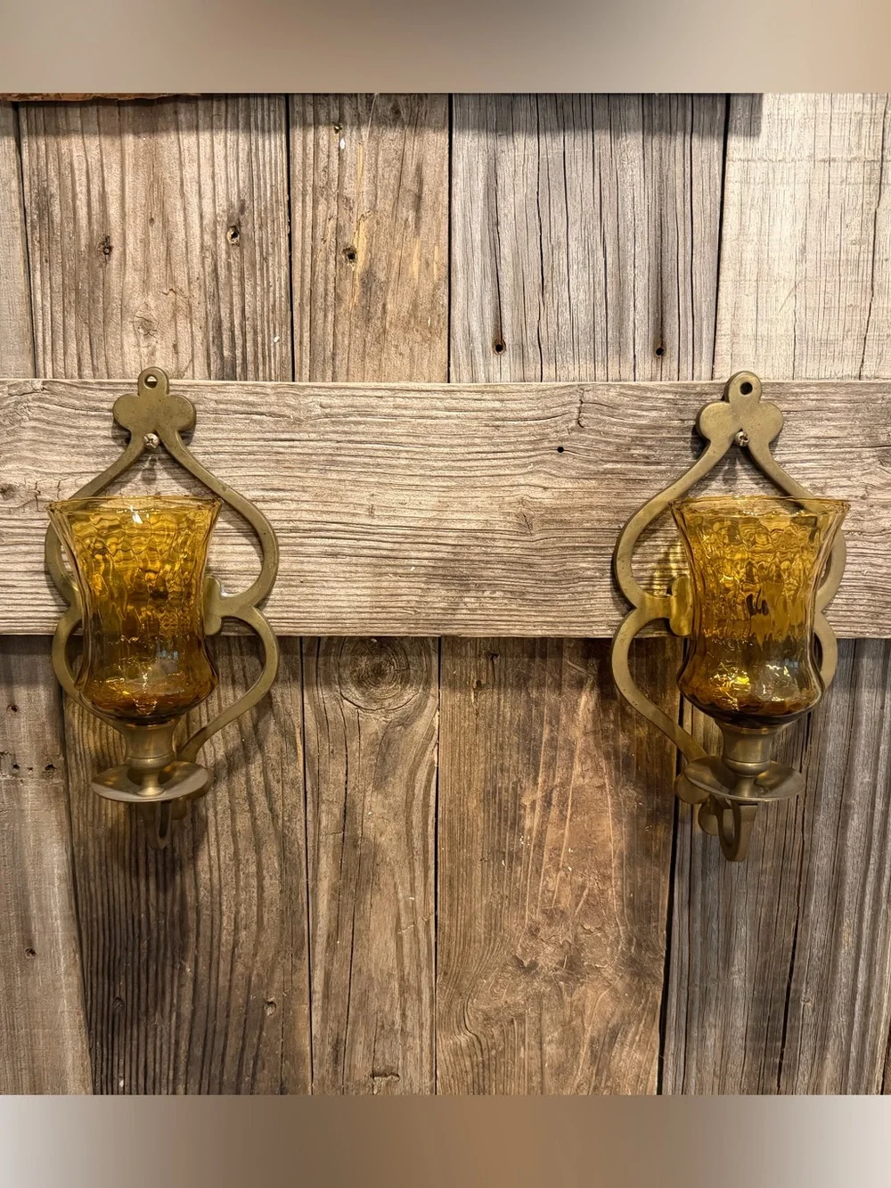 Amber Glass and Brass BOHO Farmhouse Candle Wall Sconce Pair